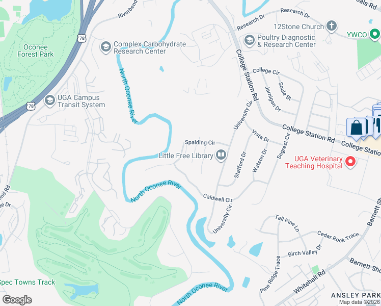 map of restaurants, bars, coffee shops, grocery stores, and more near 130 Spalding Court in Athens