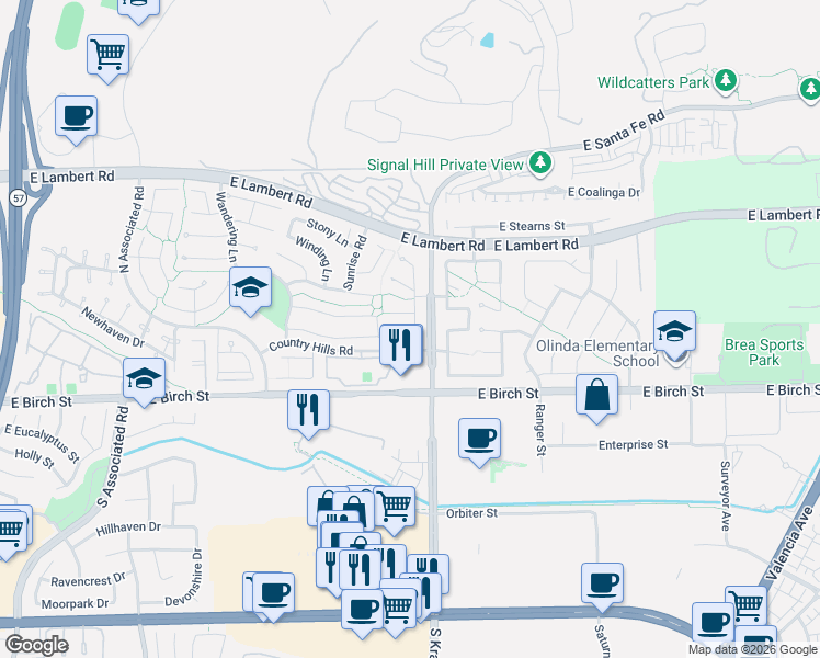 map of restaurants, bars, coffee shops, grocery stores, and more near 2595 Branch Lane in Brea