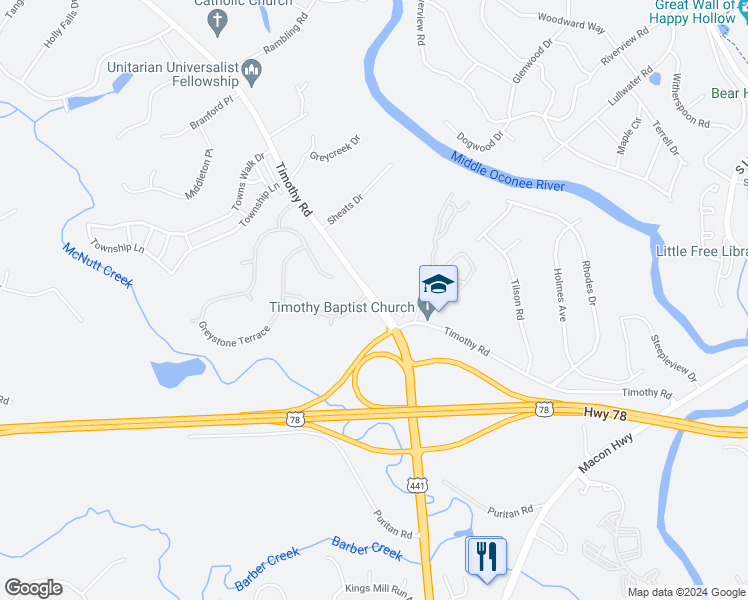 map of restaurants, bars, coffee shops, grocery stores, and more near 432 Timothy Road in Athens