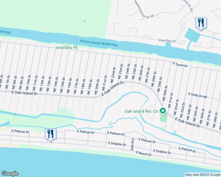 map of restaurants, bars, coffee shops, grocery stores, and more near 2114 East Oak Island Drive in Oak Island