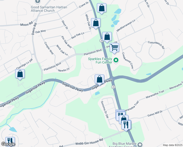 map of restaurants, bars, coffee shops, grocery stores, and more near 670 Old Johnson Road in Lawrenceville