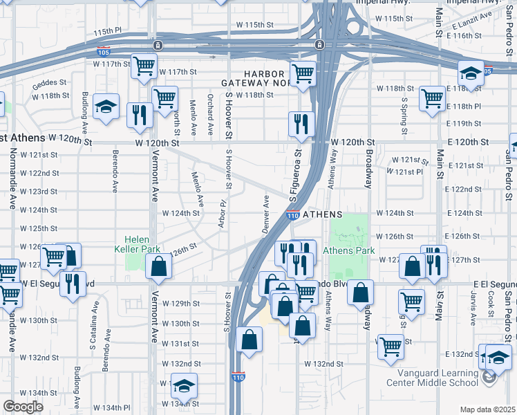 map of restaurants, bars, coffee shops, grocery stores, and more near 611 West 124th Street in Los Angeles