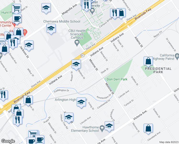 map of restaurants, bars, coffee shops, grocery stores, and more near 3272 Garons Lane in Riverside