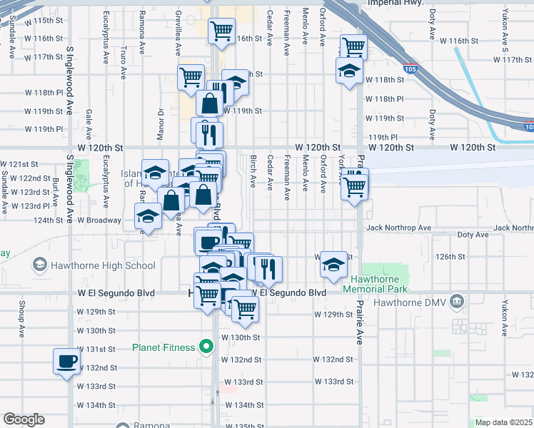 map of restaurants, bars, coffee shops, grocery stores, and more near 100111/2 Hawthorne Boulevard in Inglewood
