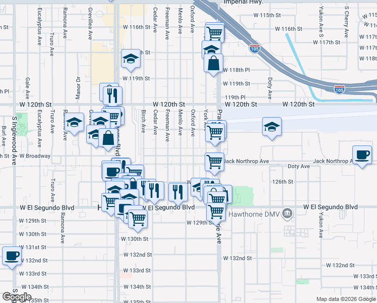 map of restaurants, bars, coffee shops, grocery stores, and more near 4117 Broadway in Hawthorne