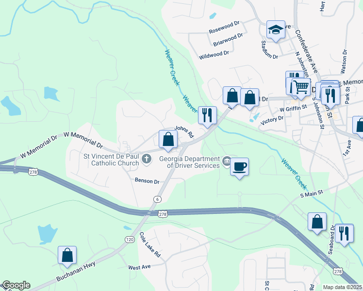 map of restaurants, bars, coffee shops, grocery stores, and more near West Memorial Drive in Dallas