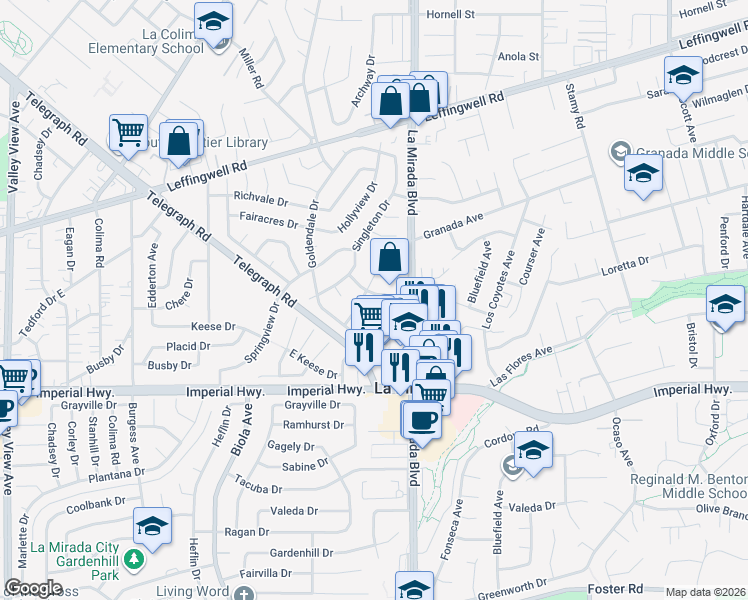 map of restaurants, bars, coffee shops, grocery stores, and more near 14908 Steprock Drive in La Mirada