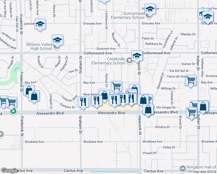 map of restaurants, bars, coffee shops, grocery stores, and more near 13786 Sylmar Drive in Moreno Valley