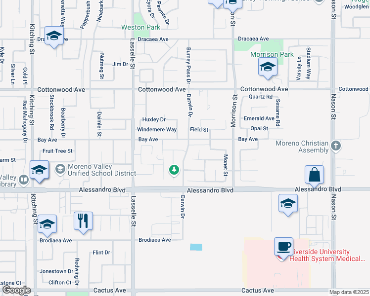 map of restaurants, bars, coffee shops, grocery stores, and more near 14147 Darwin Drive in Moreno Valley
