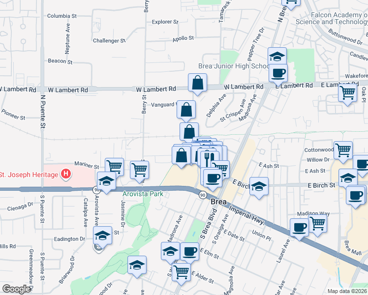 map of restaurants, bars, coffee shops, grocery stores, and more near 517 Mercury Lane in Brea