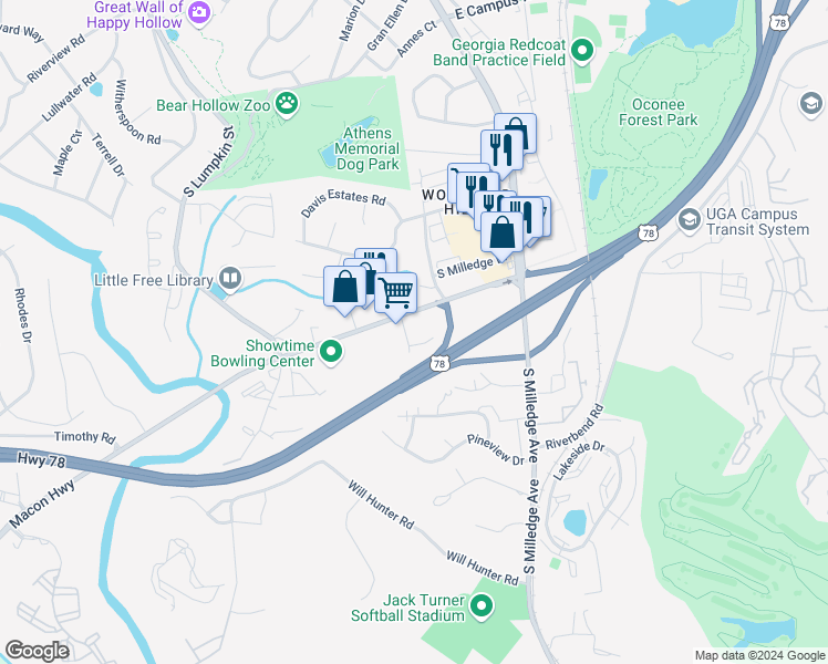 map of restaurants, bars, coffee shops, grocery stores, and more near 113 Garden Lane in Athens