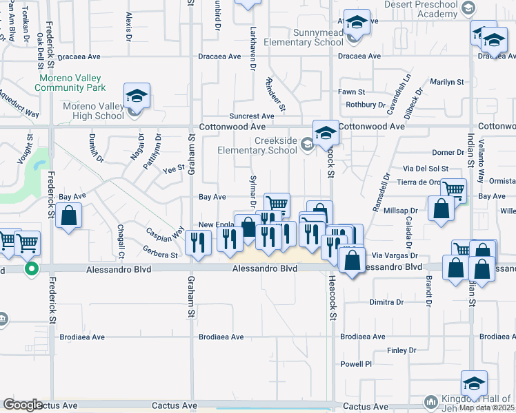 map of restaurants, bars, coffee shops, grocery stores, and more near 13786 Sylmar Drive in Moreno Valley