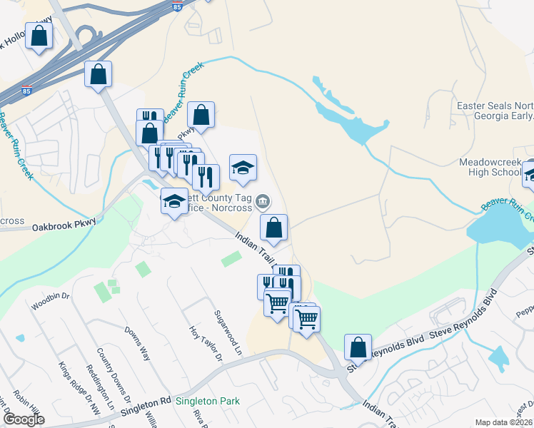 map of restaurants, bars, coffee shops, grocery stores, and more near 5030 Georgia Belle Court in Norcross