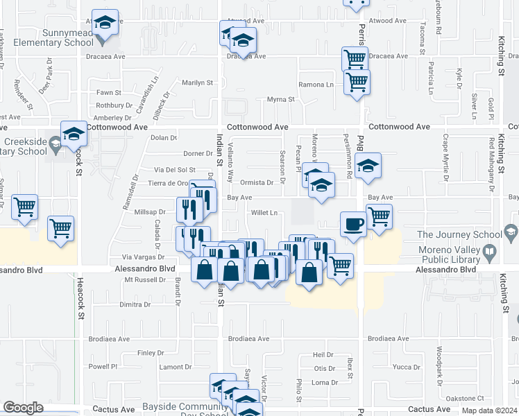map of restaurants, bars, coffee shops, grocery stores, and more near 24636 Willet Lane in Moreno Valley
