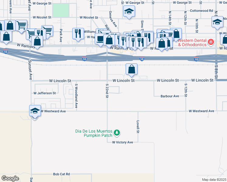 map of restaurants, bars, coffee shops, grocery stores, and more near 2119 West Jefferson Street in Banning