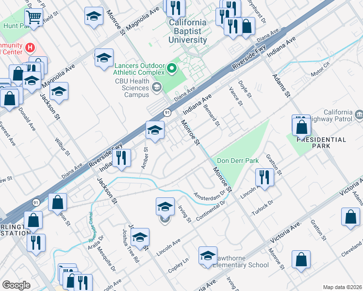 map of restaurants, bars, coffee shops, grocery stores, and more near 3272 Garons Lane in Riverside