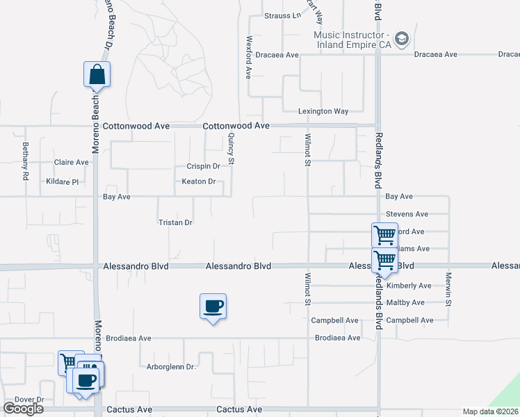 map of restaurants, bars, coffee shops, grocery stores, and more near Pablo Road in Moreno Valley