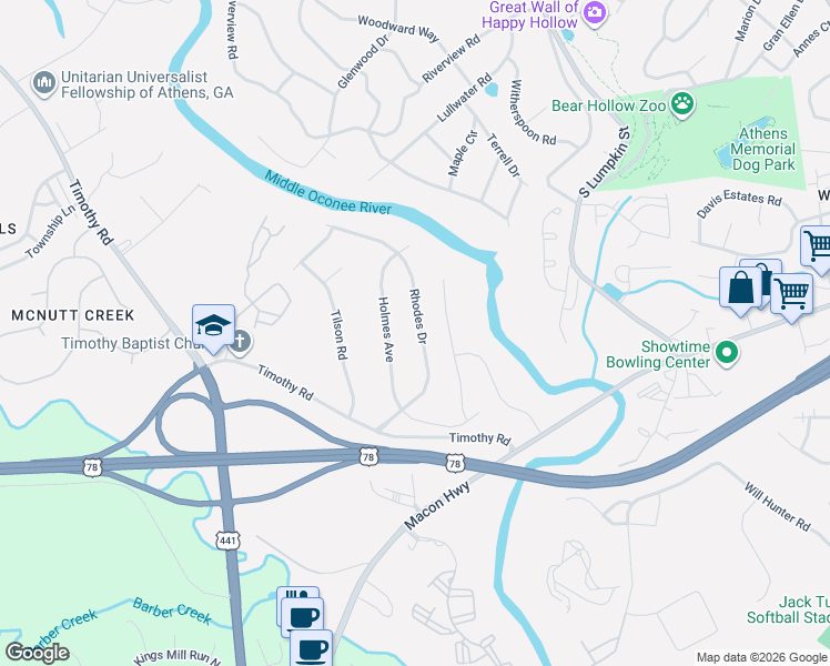 map of restaurants, bars, coffee shops, grocery stores, and more near 256 Rhodes Drive in Athens