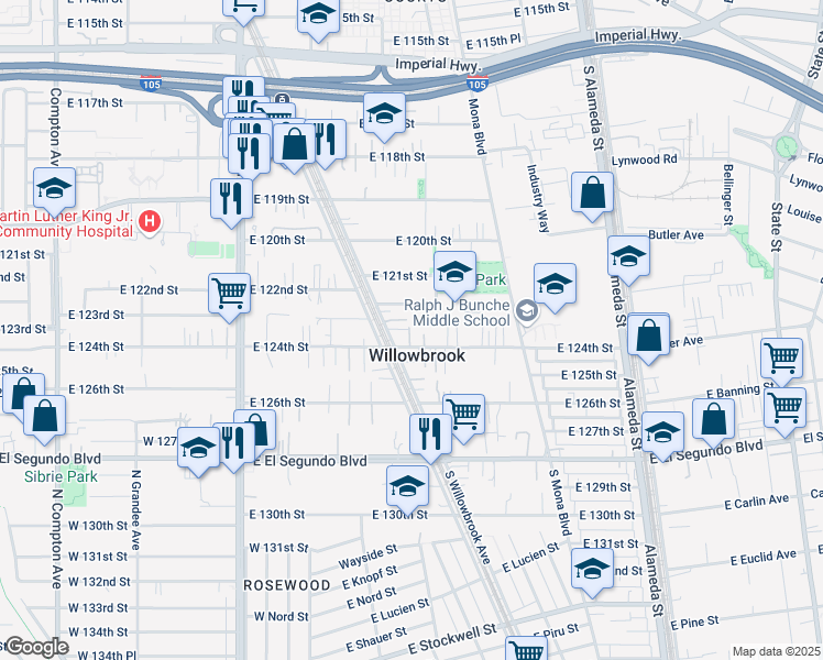 map of restaurants, bars, coffee shops, grocery stores, and more near 2218 East 122nd Street in Compton