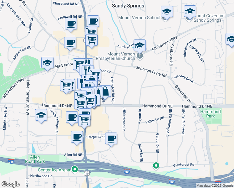 map of restaurants, bars, coffee shops, grocery stores, and more near 6059 Harleston Road Northeast in Atlanta