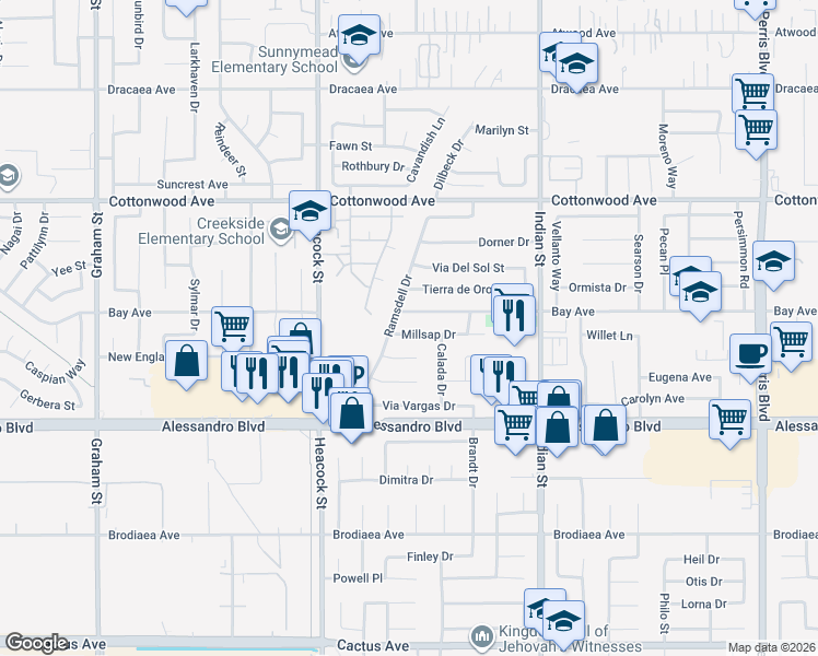 map of restaurants, bars, coffee shops, grocery stores, and more near 24250 Bay Avenue in Moreno Valley