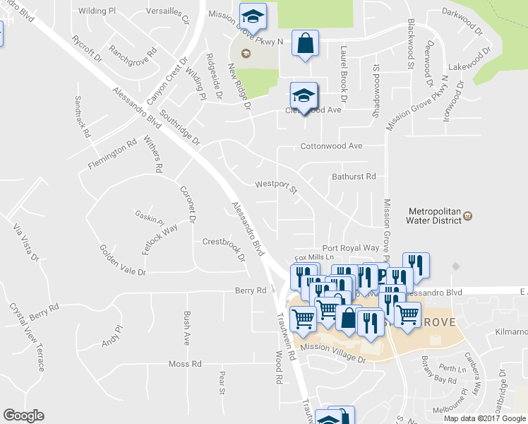 map of restaurants, bars, coffee shops, grocery stores, and more near 905 High Peak Drive in Riverside