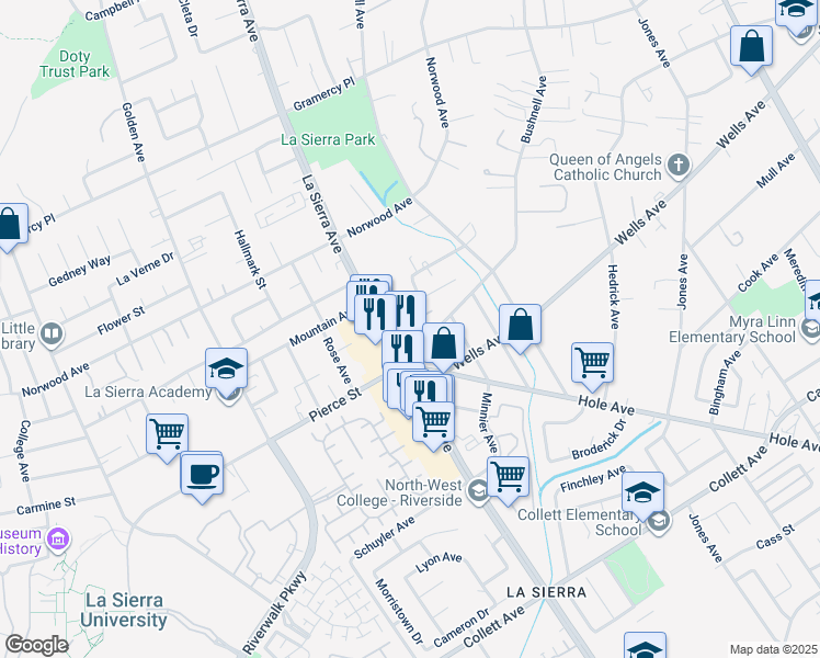 map of restaurants, bars, coffee shops, grocery stores, and more near 11053 Nebraska Avenue in Riverside