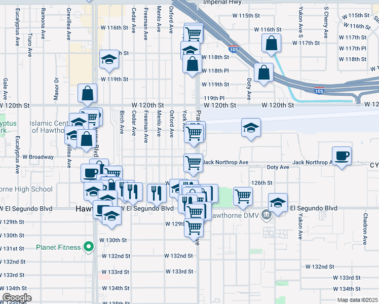 map of restaurants, bars, coffee shops, grocery stores, and more near 12301 Prairie Avenue in Hawthorne