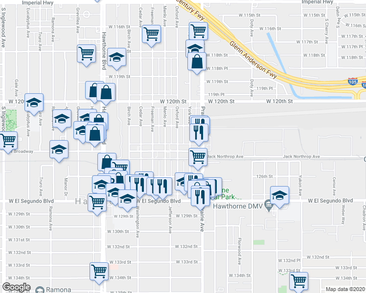 map of restaurants, bars, coffee shops, grocery stores, and more near 12301 York Avenue in Hawthorne