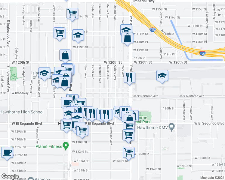 map of restaurants, bars, coffee shops, grocery stores, and more near 12302 Menlo Avenue in Hawthorne