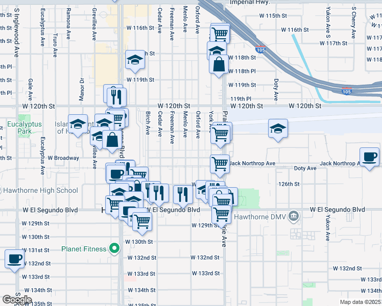 map of restaurants, bars, coffee shops, grocery stores, and more near 12302 Menlo Avenue in Hawthorne