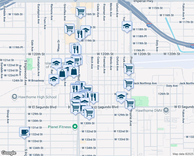 map of restaurants, bars, coffee shops, grocery stores, and more near 12246 Birch Avenue in Hawthorne