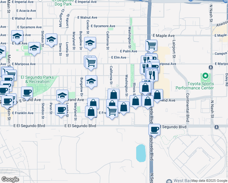 map of restaurants, bars, coffee shops, grocery stores, and more near 400 California Street in El Segundo