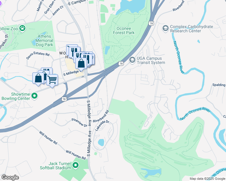 map of restaurants, bars, coffee shops, grocery stores, and more near 2530 Riverbend Road in Athens