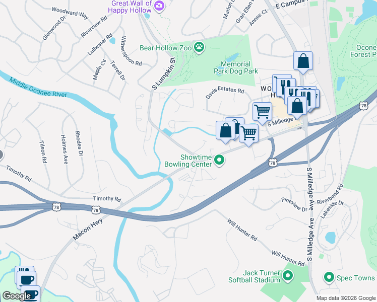 map of restaurants, bars, coffee shops, grocery stores, and more near 325 Davis Street in Athens