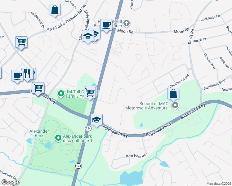 map of restaurants, bars, coffee shops, grocery stores, and more near 1077 Scenic Park Trail Southwest in Lawrenceville