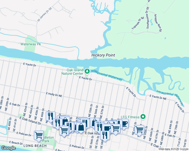map of restaurants, bars, coffee shops, grocery stores, and more near 5400 East Yacht Drive in Oak Island