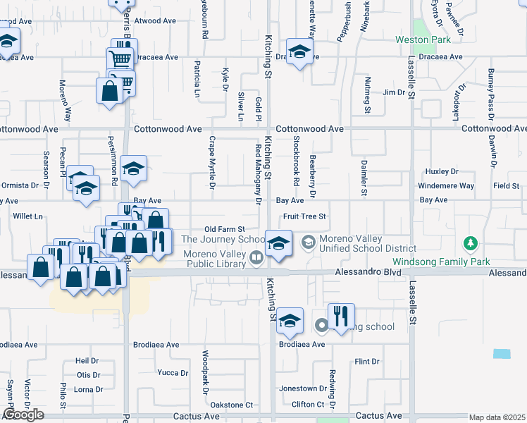 map of restaurants, bars, coffee shops, grocery stores, and more near 13822 Red Mahogany Drive in Moreno Valley