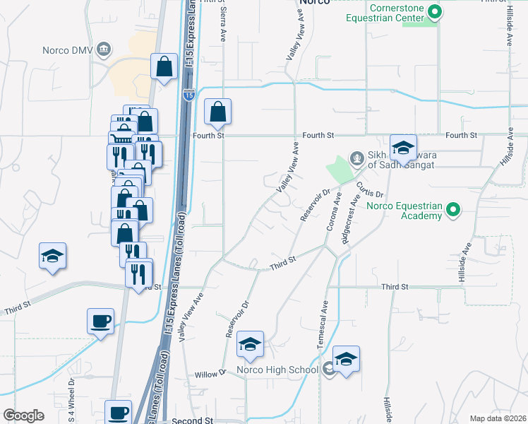 map of restaurants, bars, coffee shops, grocery stores, and more near 2641 Valley View Avenue in Norco