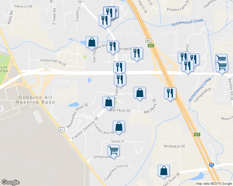 map of restaurants, bars, coffee shops, grocery stores, and more near 1295 Franklin Road Southeast in Marietta