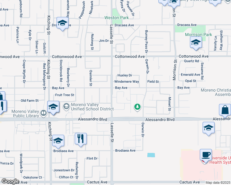 map of restaurants, bars, coffee shops, grocery stores, and more near 13776 Westwind Lane in Moreno Valley