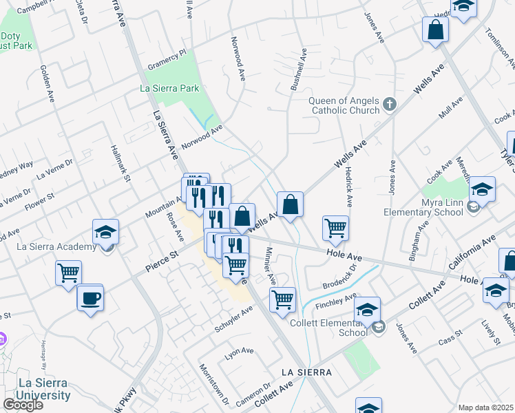 map of restaurants, bars, coffee shops, grocery stores, and more near 4853 Doane Avenue in Riverside