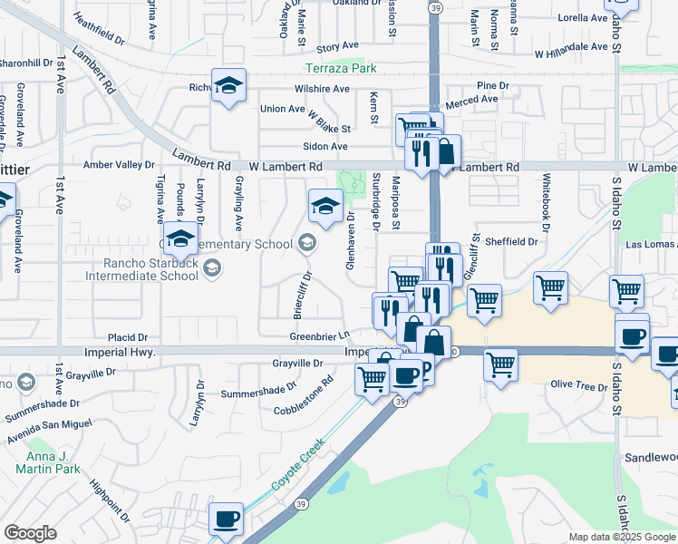 map of restaurants, bars, coffee shops, grocery stores, and more near 961 Glenhaven Drive in La Habra