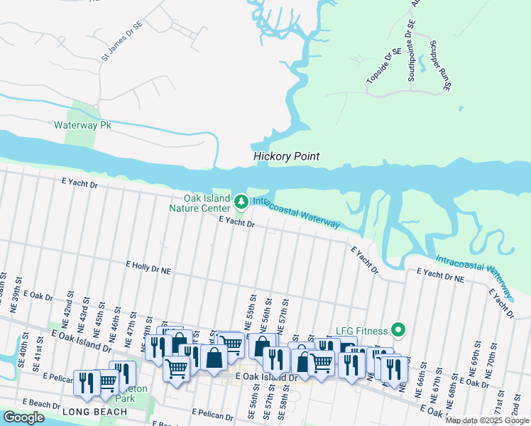 map of restaurants, bars, coffee shops, grocery stores, and more near 5400 East Yacht Drive in Oak Island