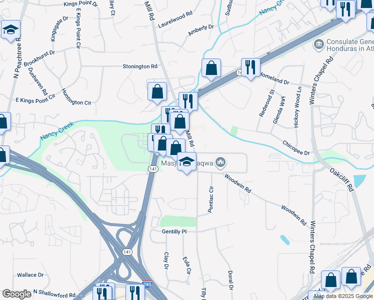 map of restaurants, bars, coffee shops, grocery stores, and more near 6325 Peachtree Industrial Boulevard in Atlanta
