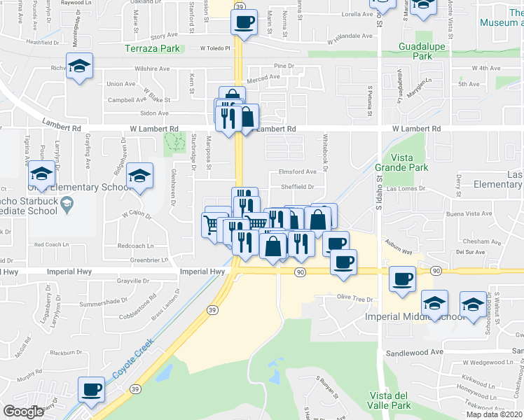 map of restaurants, bars, coffee shops, grocery stores, and more near 919 Glencliff Road in La Habra