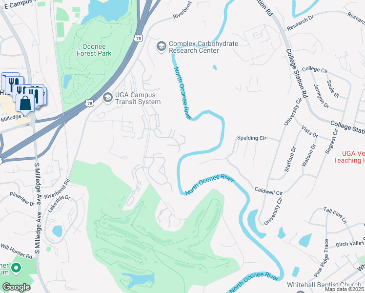 map of restaurants, bars, coffee shops, grocery stores, and more near 425 Riverbend Parkway in Athens