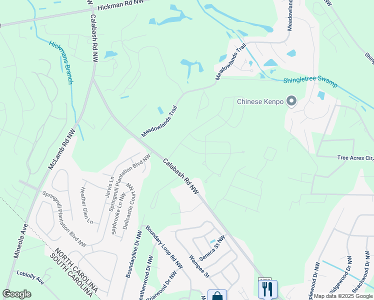 map of restaurants, bars, coffee shops, grocery stores, and more near 1104 Calabash Station Boulevard Northwest in Calabash