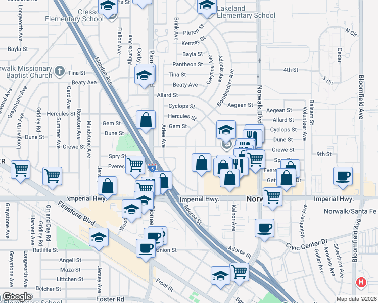 map of restaurants, bars, coffee shops, grocery stores, and more near 12208 Bombardier Avenue in Norwalk