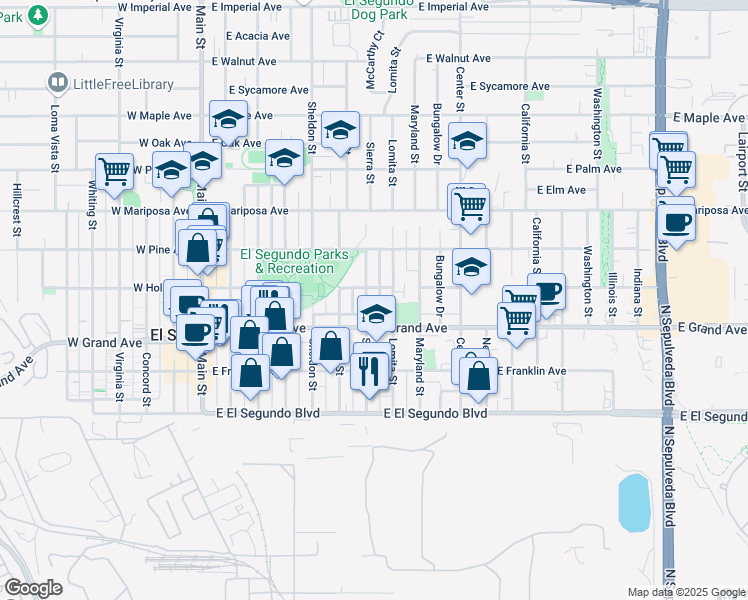 map of restaurants, bars, coffee shops, grocery stores, and more near 707 East Holly Avenue in El Segundo